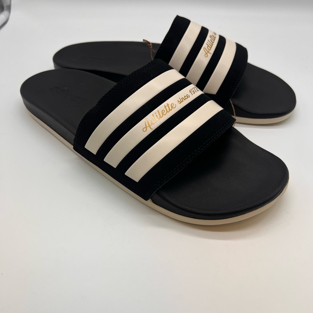 Adilette Black and White Striped Slides